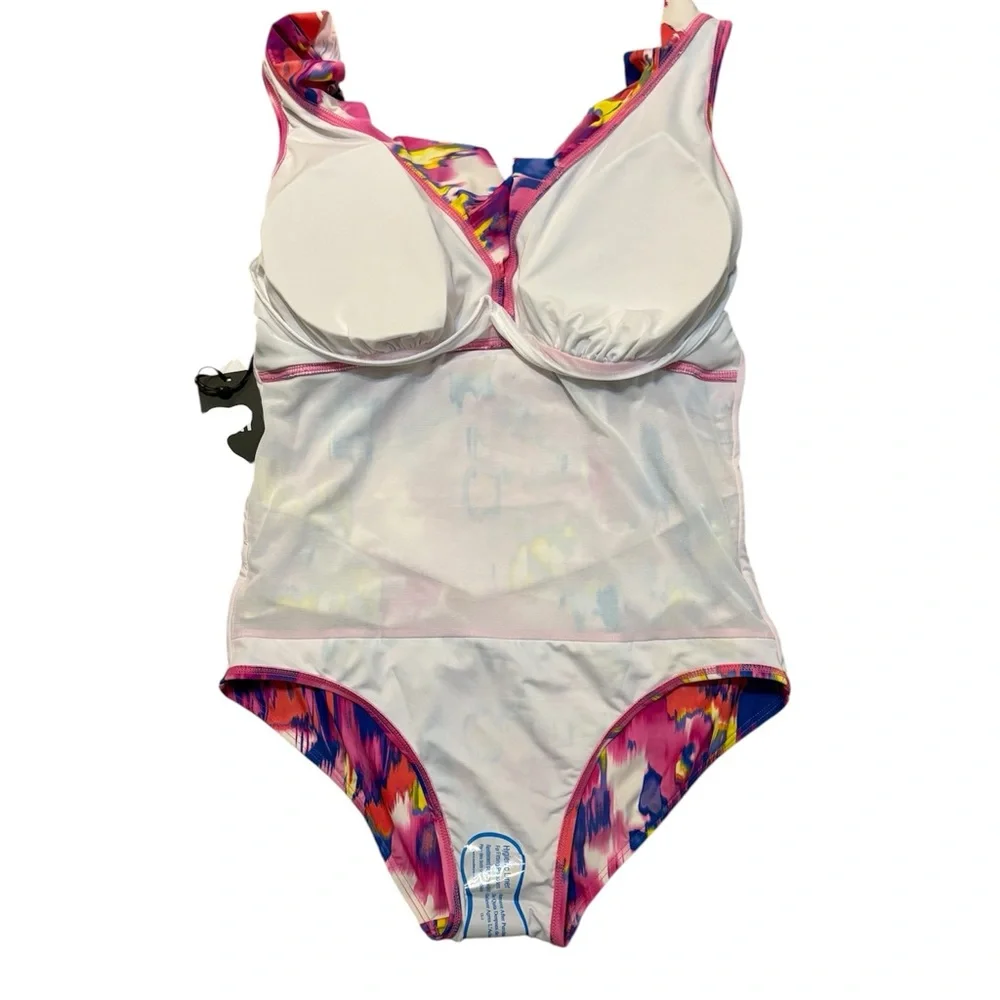DKNY Ruffle Neck One-Piece Floral Slimming UV Protection Swimsuit - Picture 8 of 12